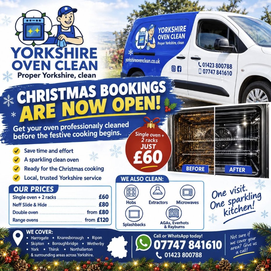 Christmas oven cleaning bookings now open with Yorkshire Oven Clean - single oven and 2 racks just £60
