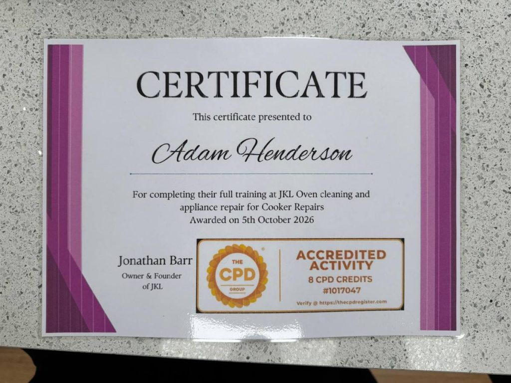 Adam Henderson's CPD-accredited oven repair training certificate