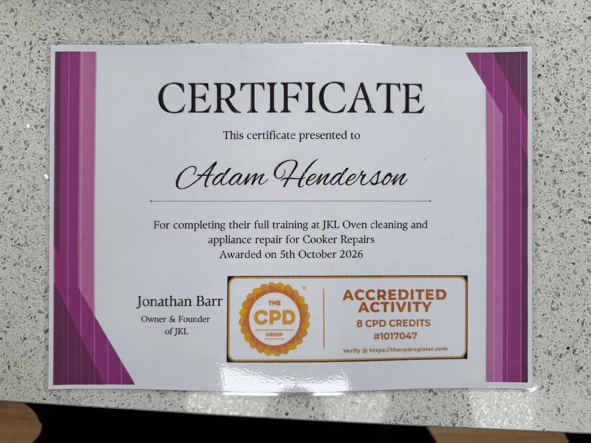 Adam Henderson's CPD-accredited oven repair training certificate